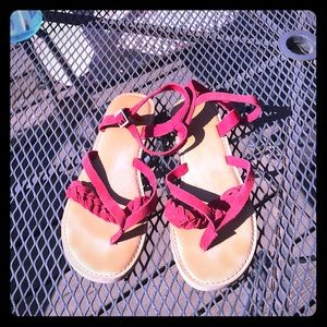 Lady in red sandals! Toms sandals in red suede.